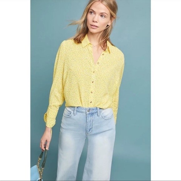 Anthropologie Maeve Blithe Button Down Blouse in Yellow 0 NWOT - Picture 1 of 10